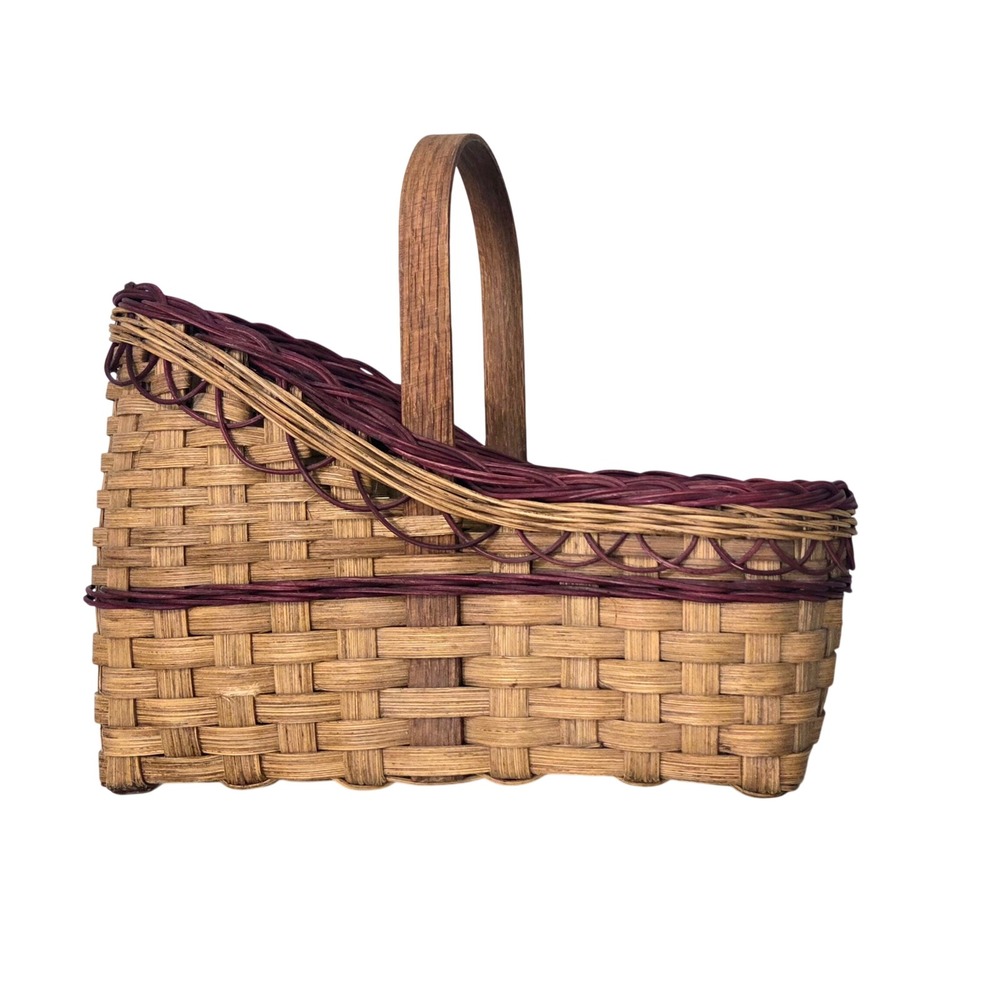 Vintage‎ Signed Artisan Woven Splint Garden Gathering Basket Wood Handle 1996